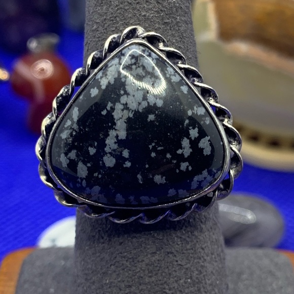 Comfort Curl ADJUSTABLE Beautiful Snowflake Obsidian Ring! .925 Sterling Overlay - Picture 7 of 16